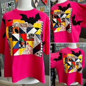 Neon Pink Bright Patchwork Bats - Crop Tee